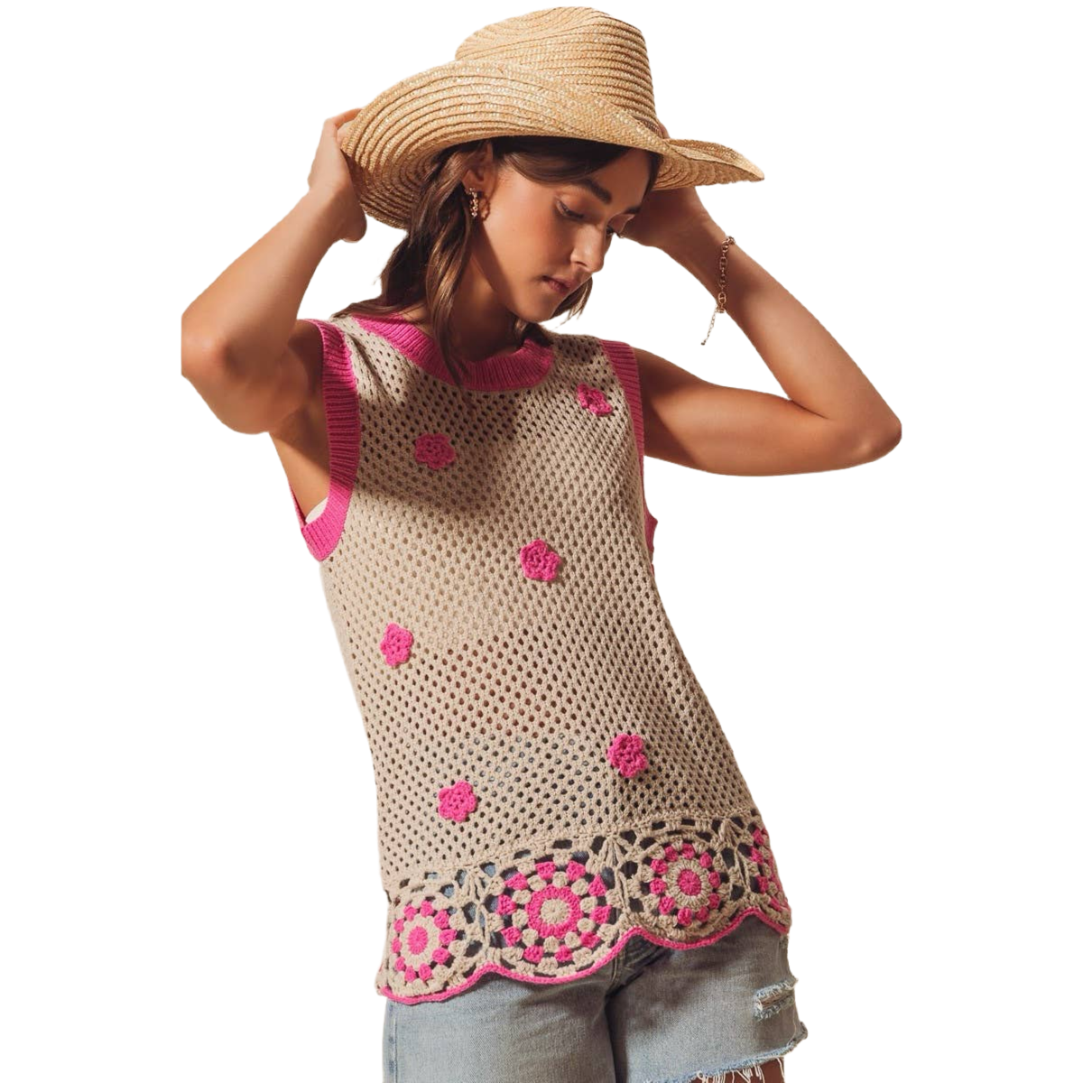 FLOWER EMBELLISHED CROCHET VEST TOP