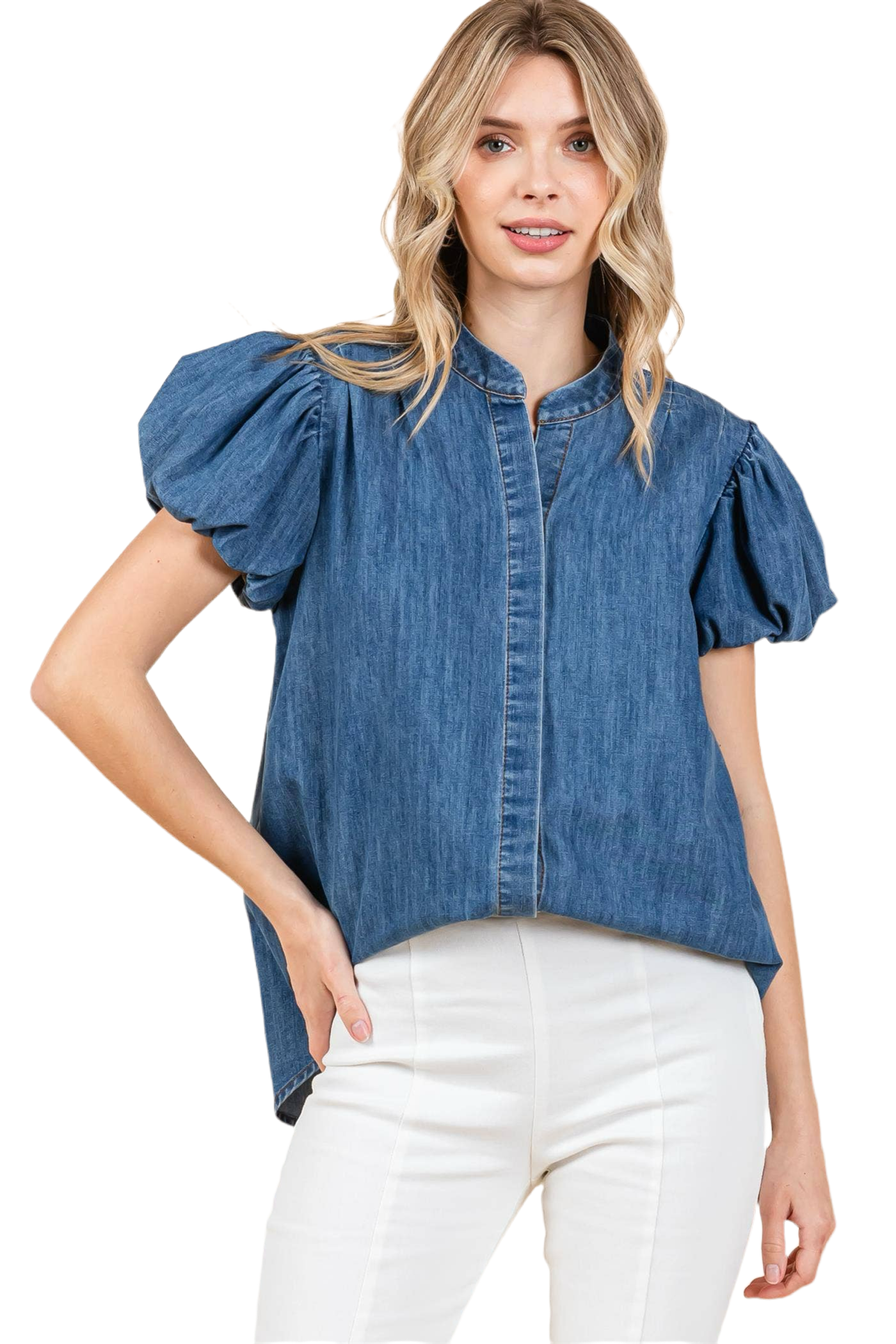 Puffed Sleeve Denim Blouse