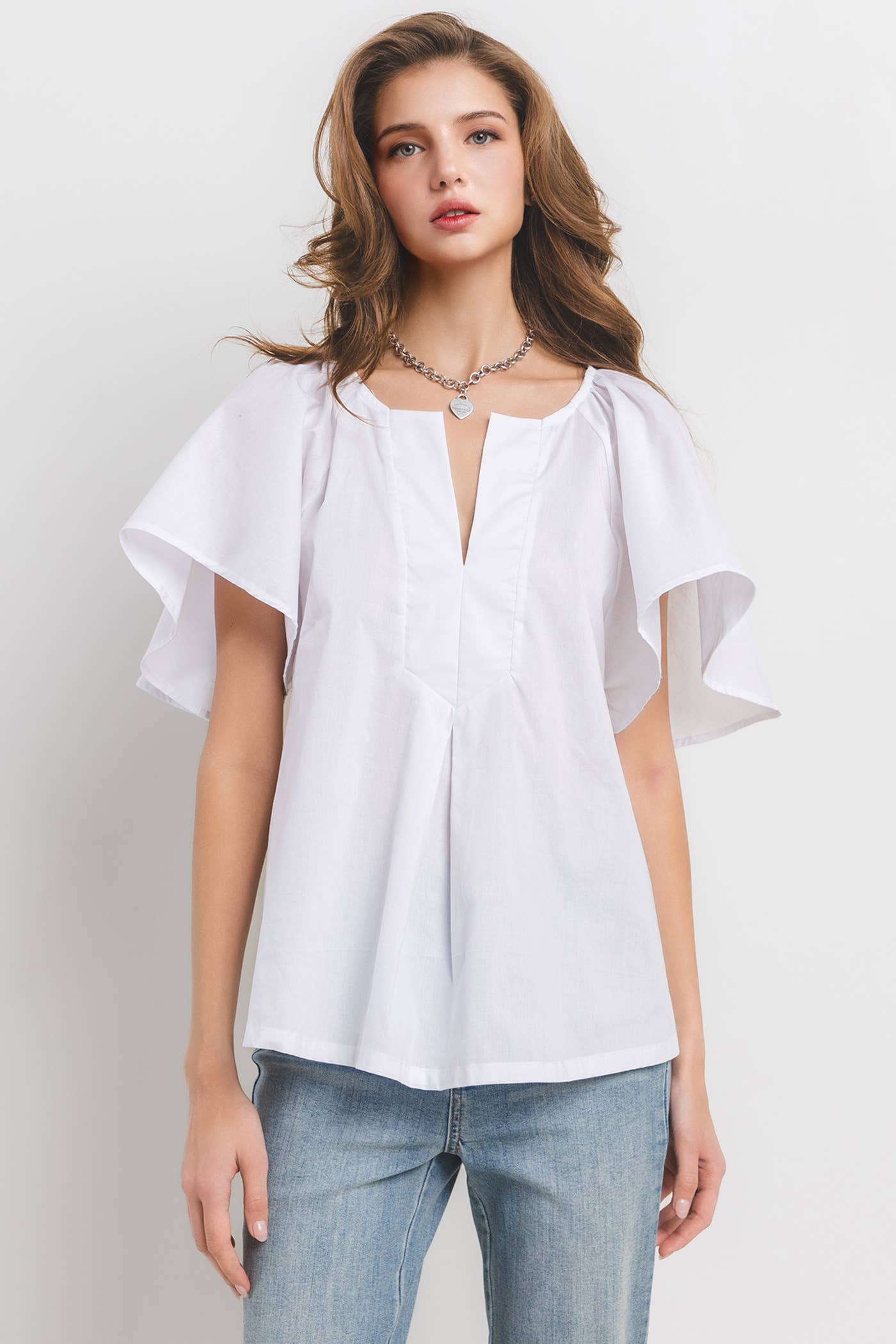 Solid Flutter Sleeve Split Neck Top