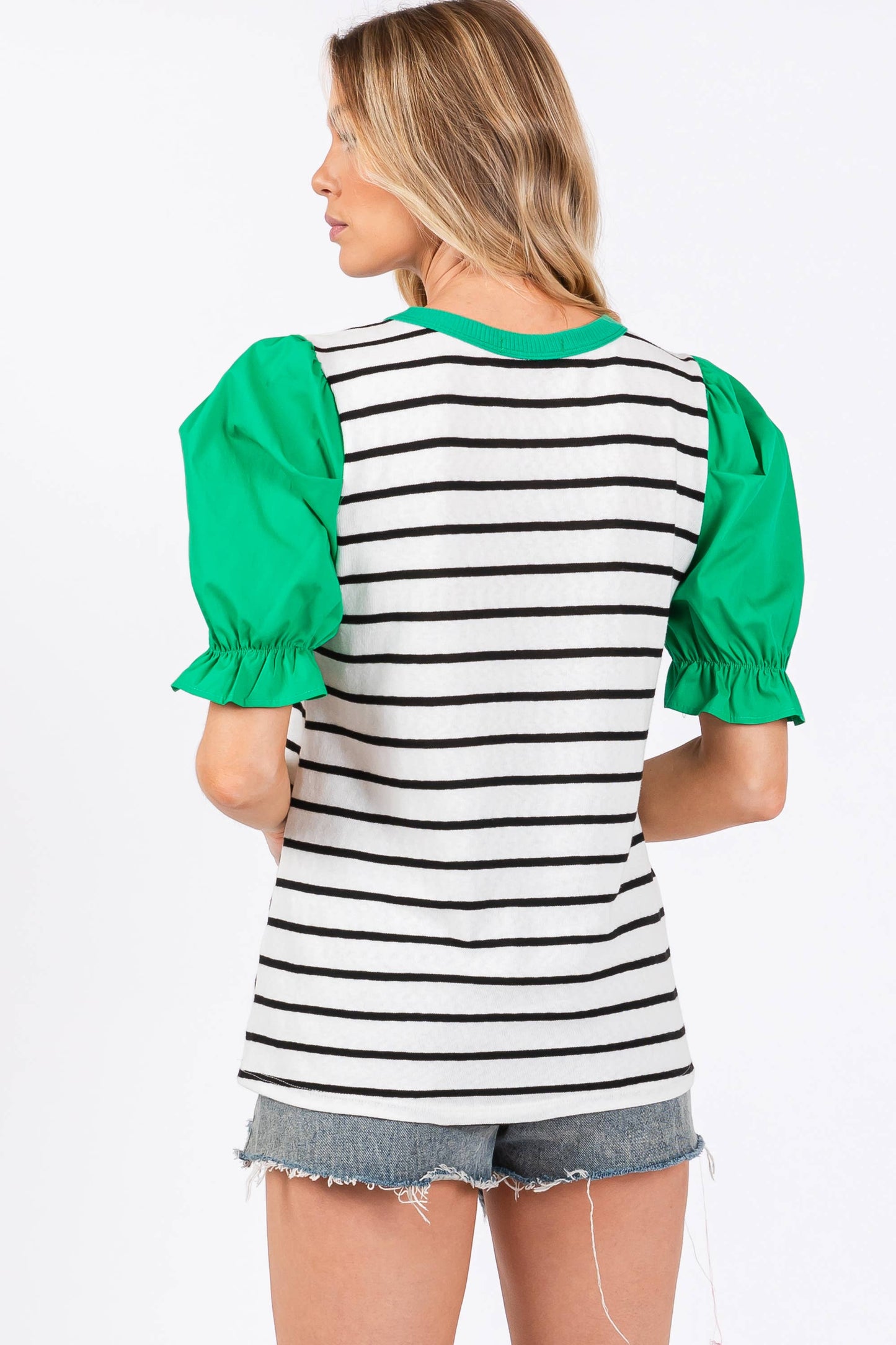 Striped Knit Puffed Sleeve Top