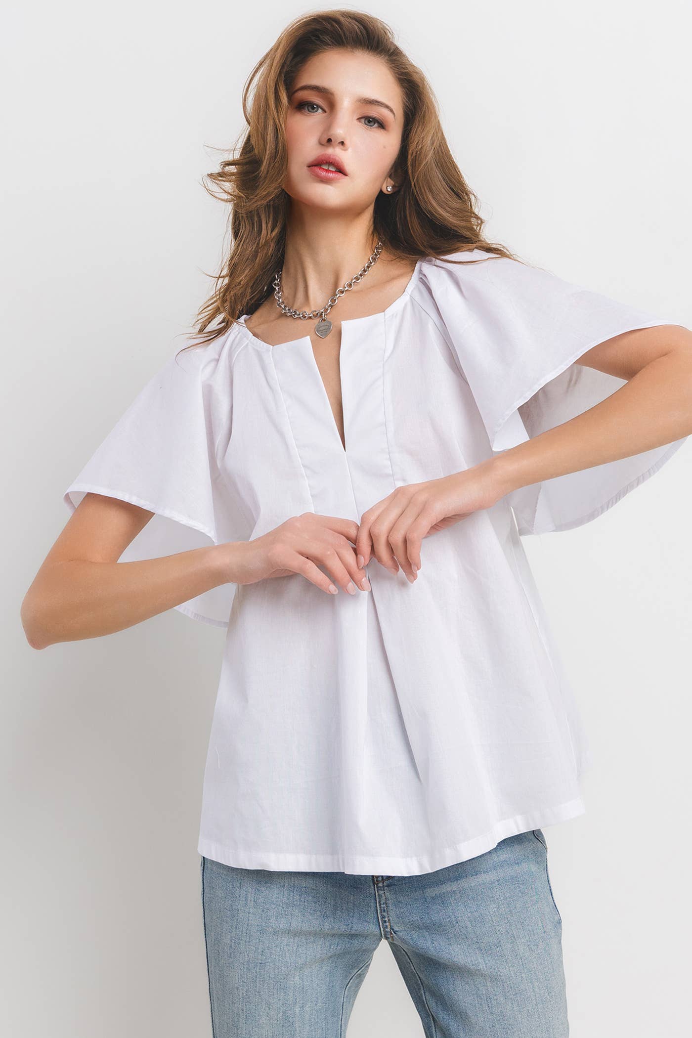 Solid Flutter Sleeve Split Neck Top