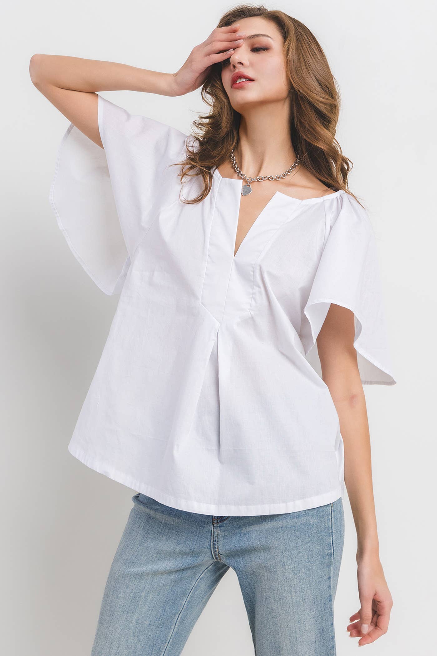 Solid Flutter Sleeve Split Neck Top