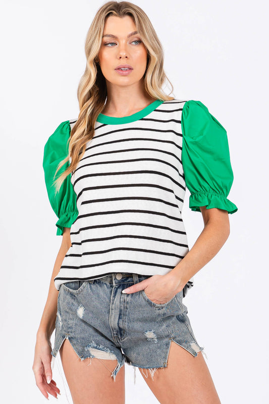 Striped Knit Puffed Sleeve Top