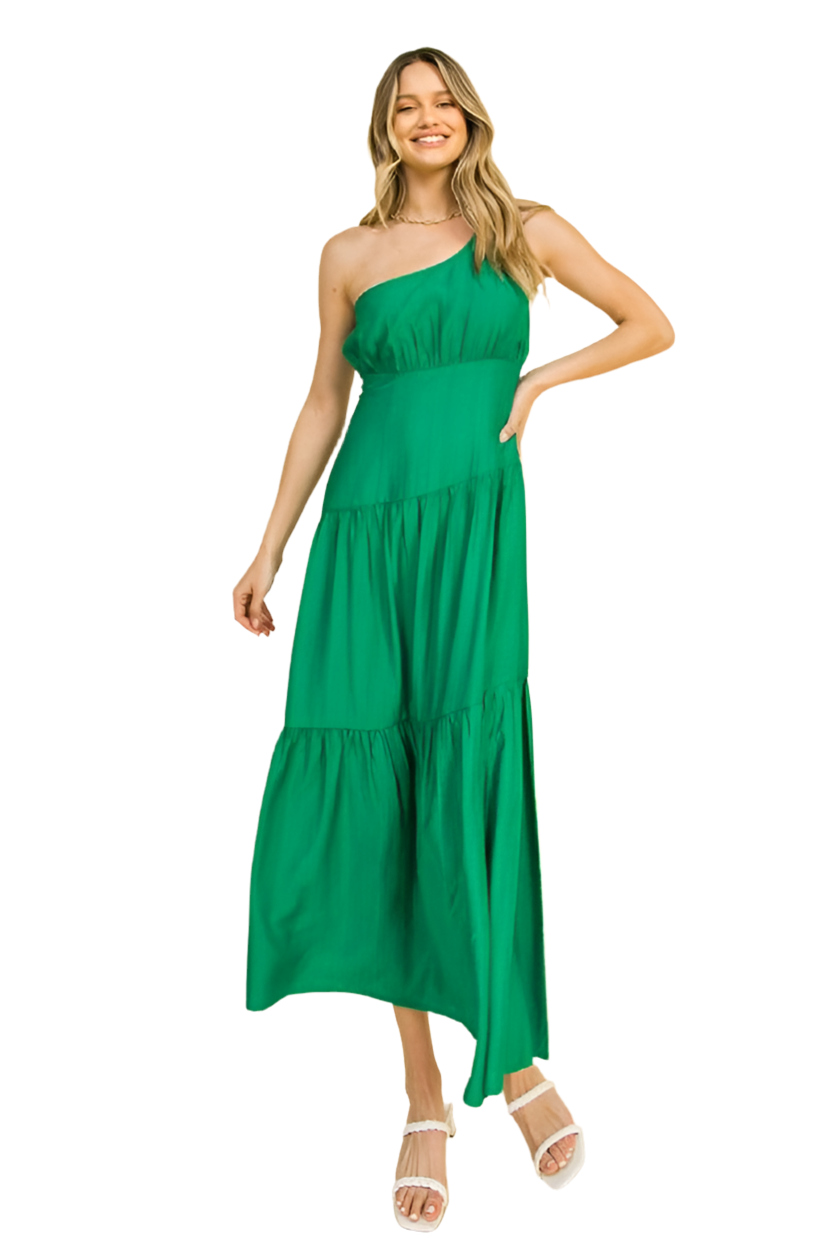 Solid Woven Midi Dress in Green