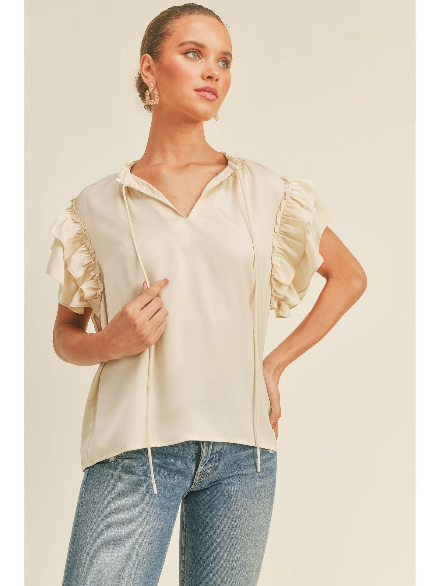 V-Neck Silky Ruffle Blouse