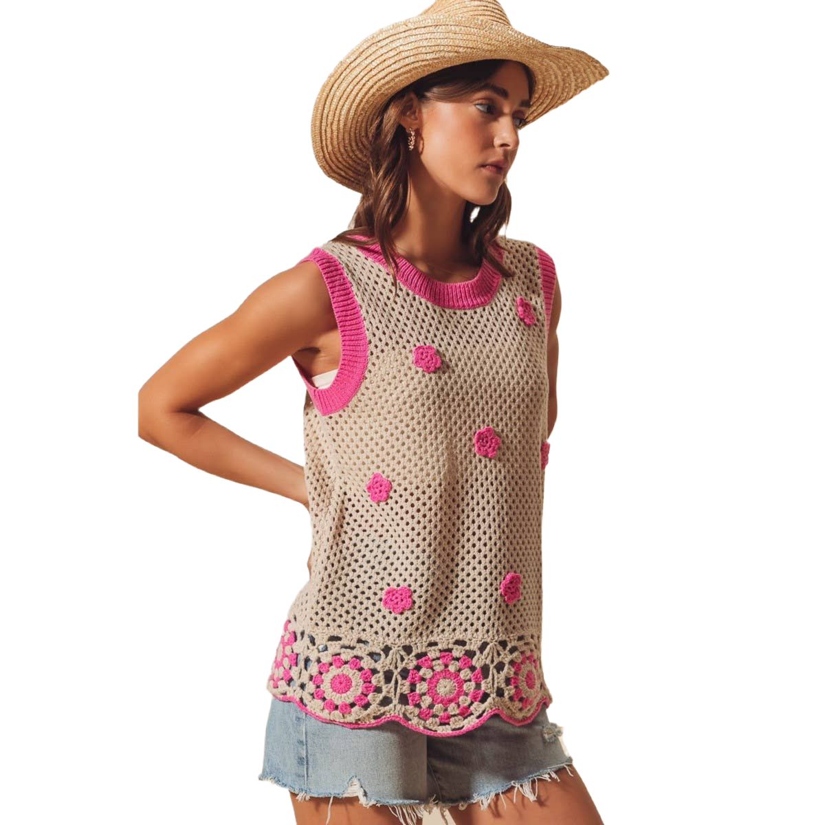 FLOWER EMBELLISHED CROCHET VEST TOP