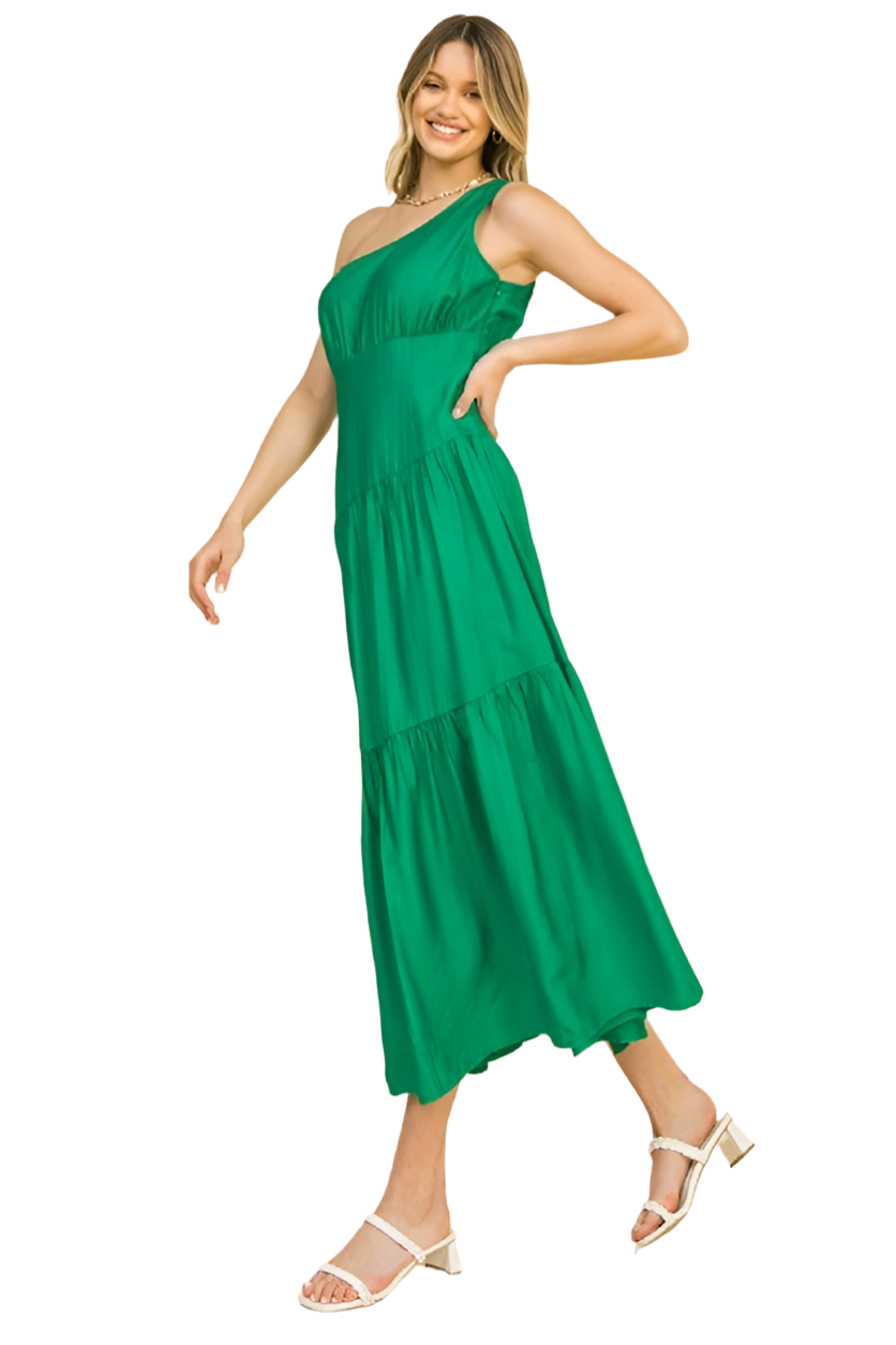 Solid Woven Midi Dress in Green