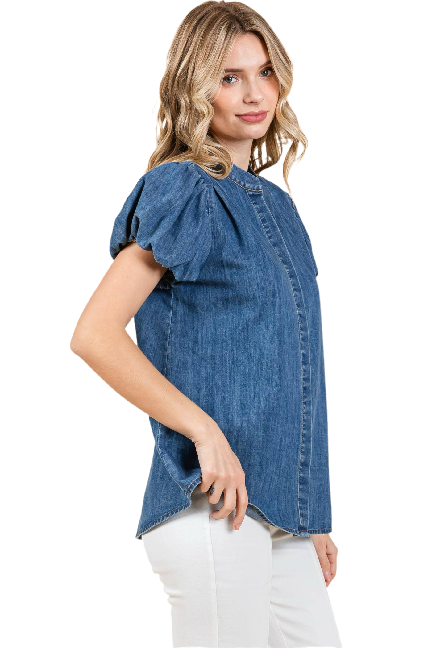 Puffed Sleeve Denim Blouse