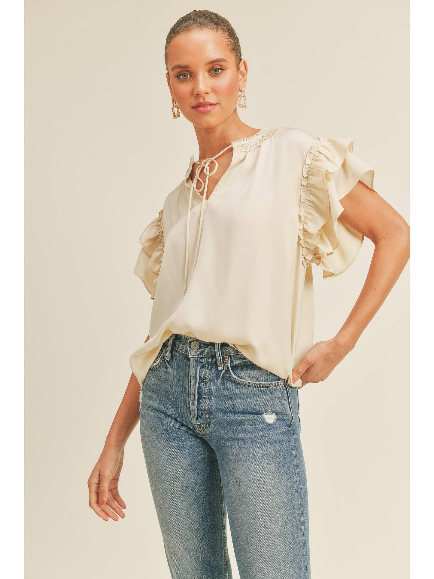 V-Neck Silky Ruffle Blouse