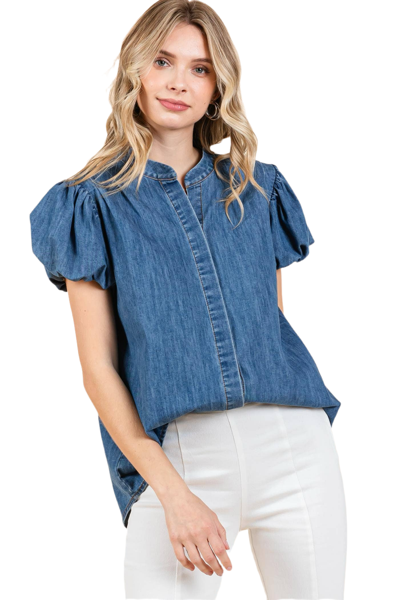 Puffed Sleeve Denim Blouse