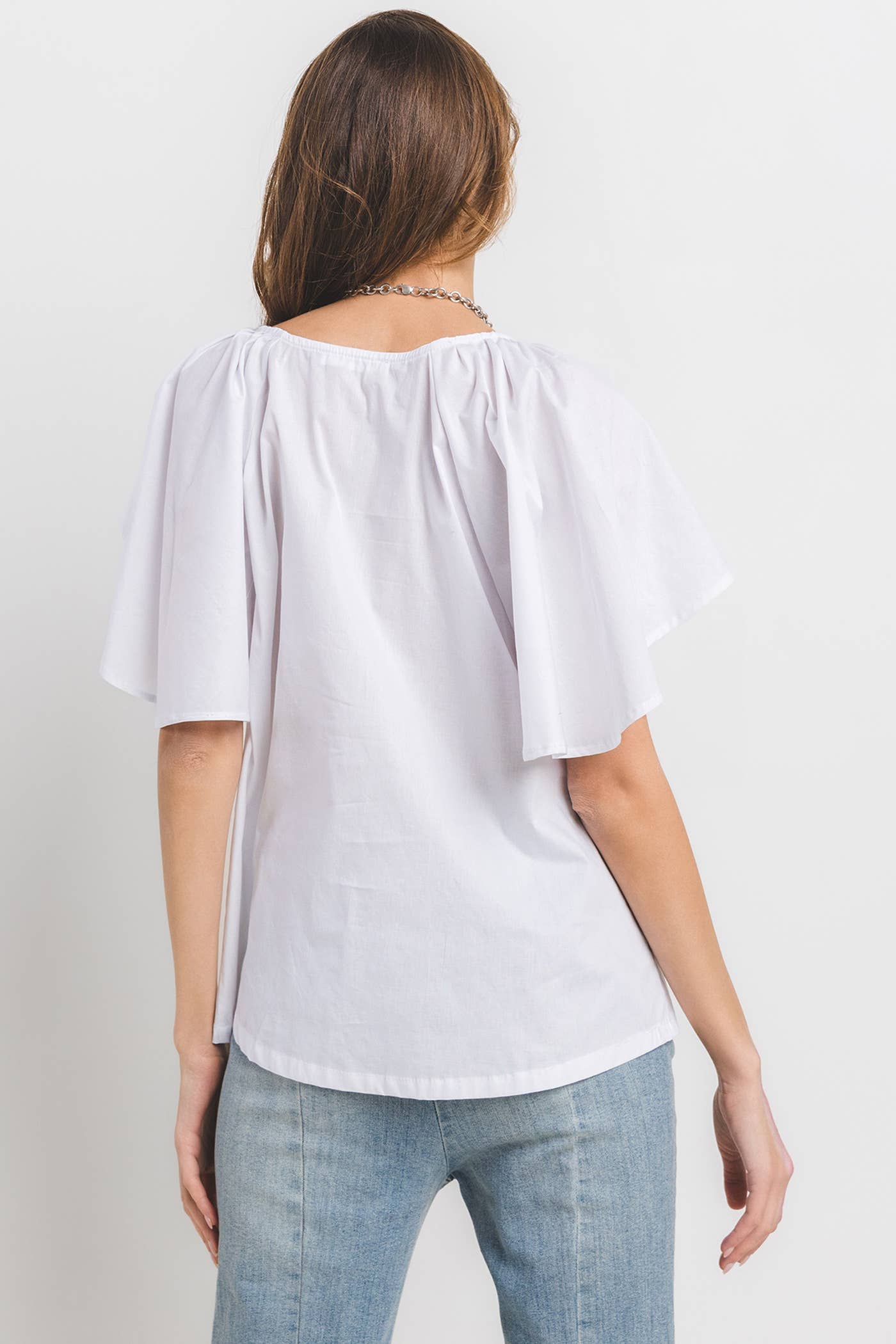 Solid Flutter Sleeve Split Neck Top