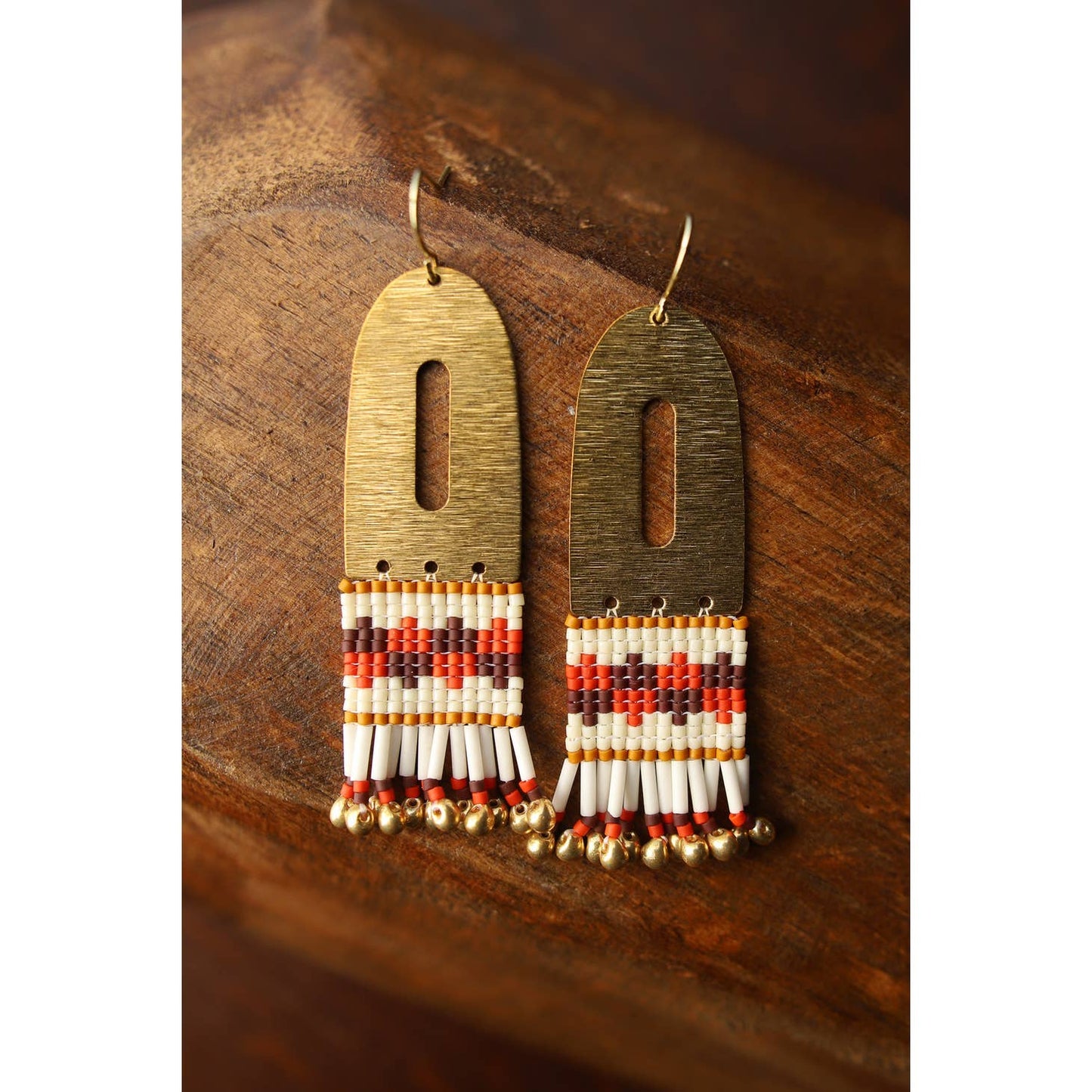 Beaded Handwoven Color Block Earrings (Brown/Orange)