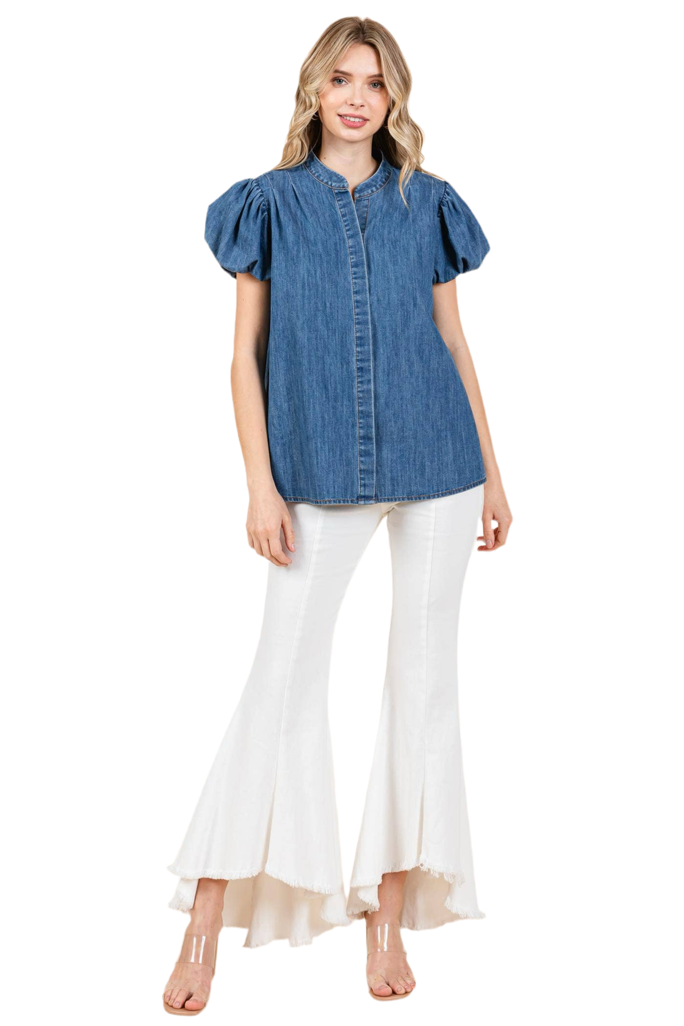 Puffed Sleeve Denim Blouse