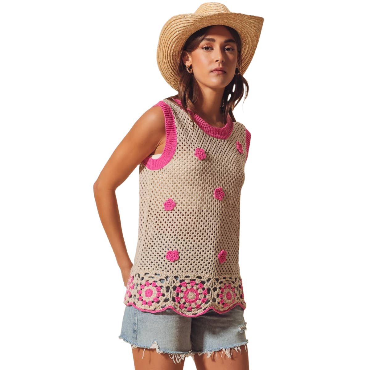 FLOWER EMBELLISHED CROCHET VEST TOP