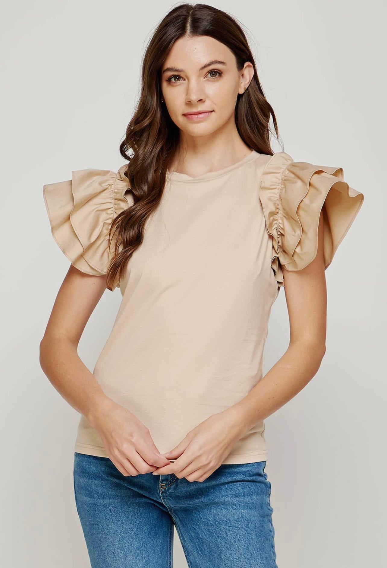 Beige Ruffle Sleeve Top