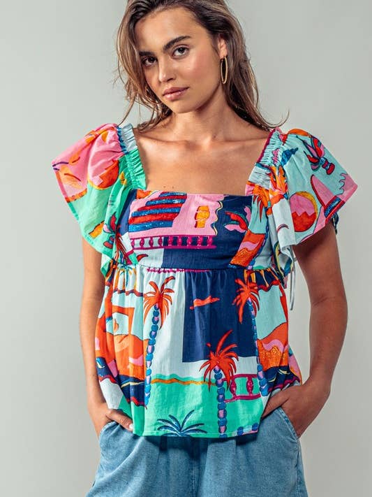 Tropicana Top - Flutter Sleeves