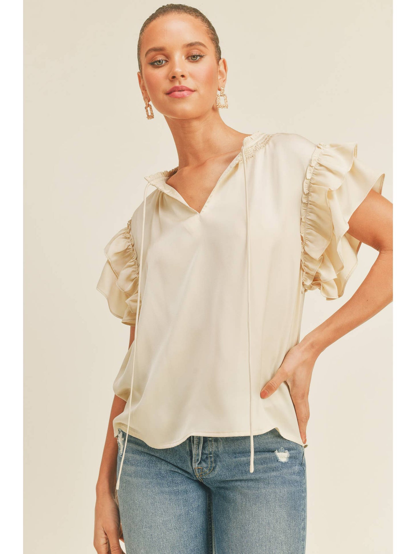 V-Neck Silky Ruffle Blouse