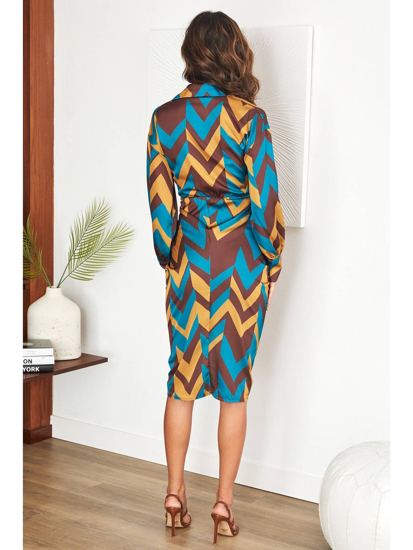 Satin Chevron Ruched Brown Dress