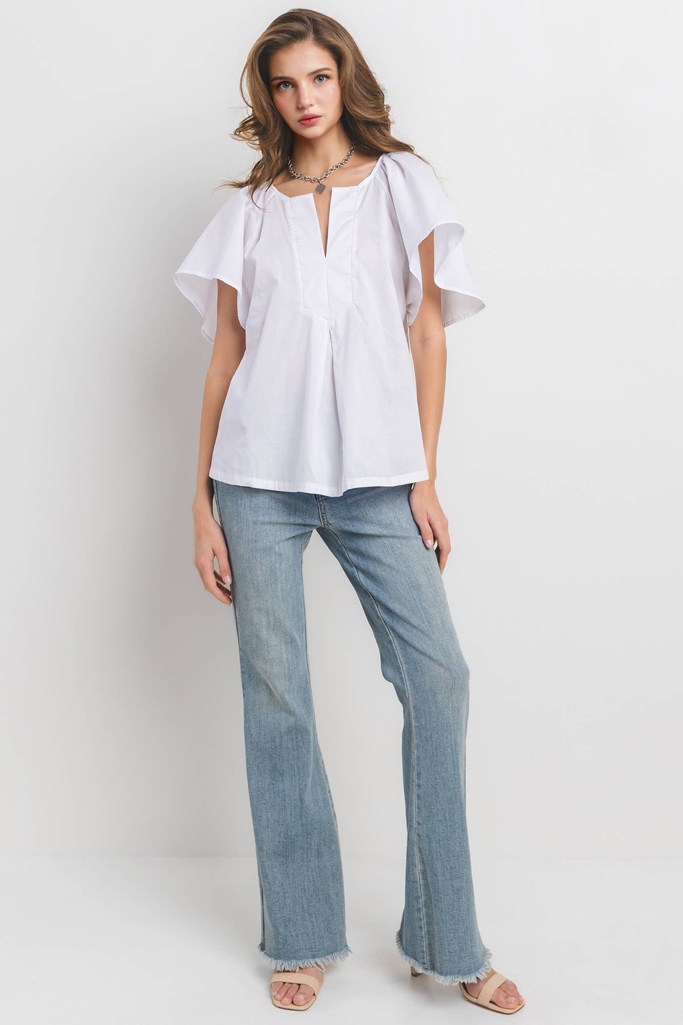 Solid Flutter Sleeve Split Neck Top