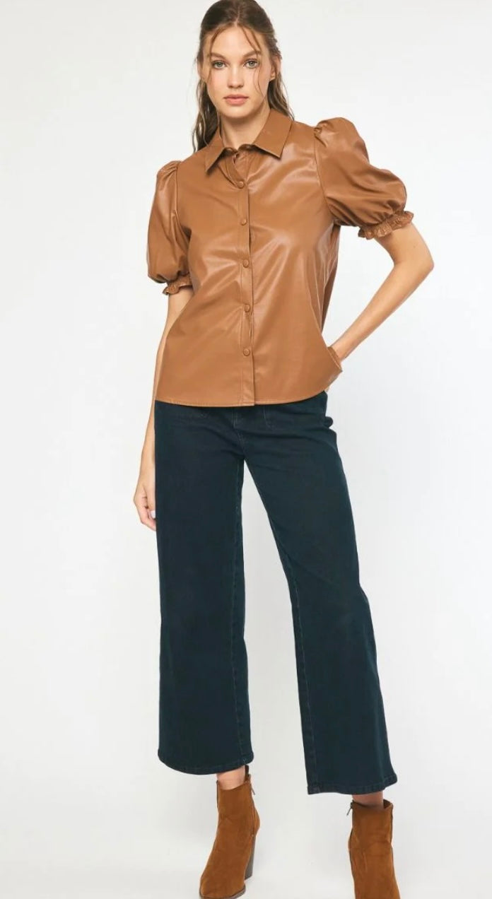 Faux Leather Button Down Top in Camel