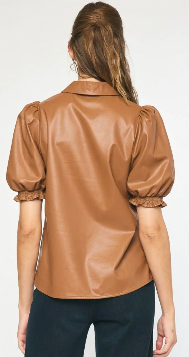 Faux Leather Button Down Top in Camel