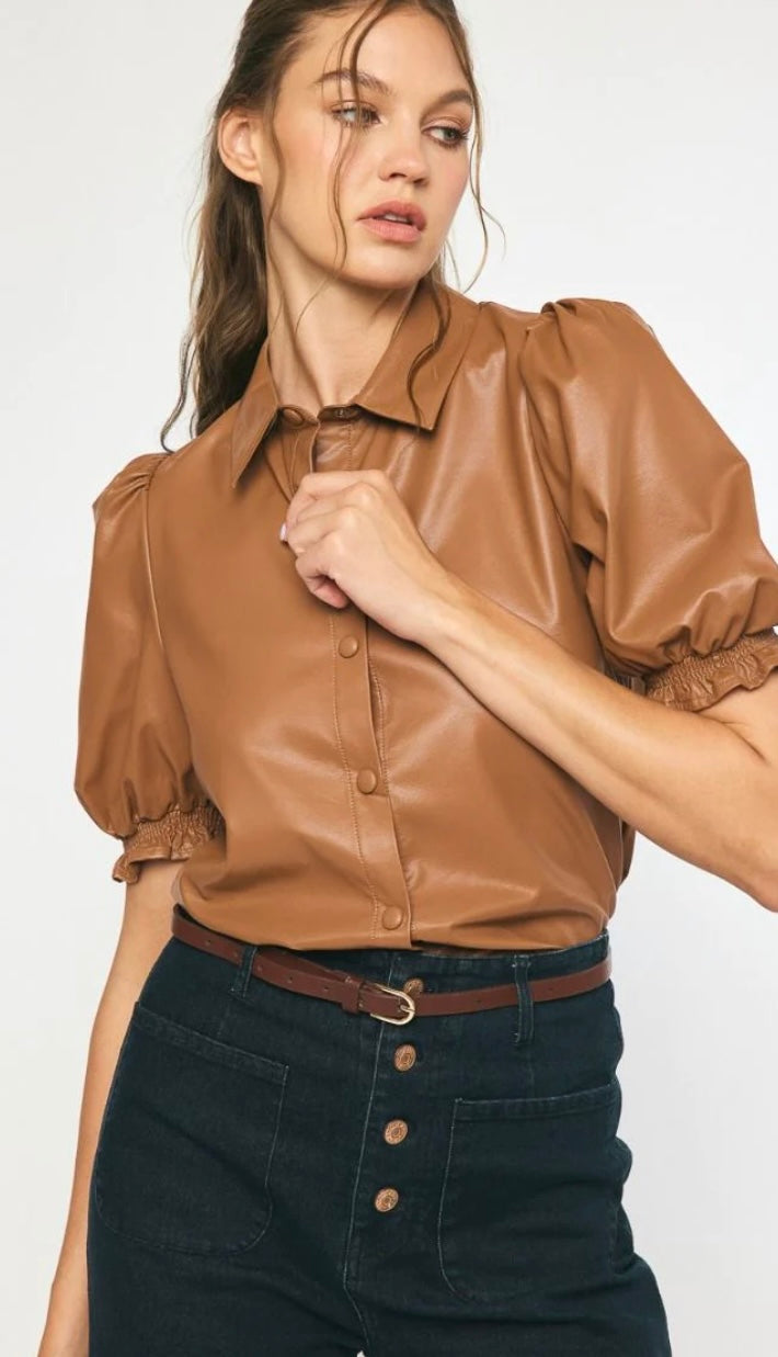 Faux Leather Button Down Top in Camel