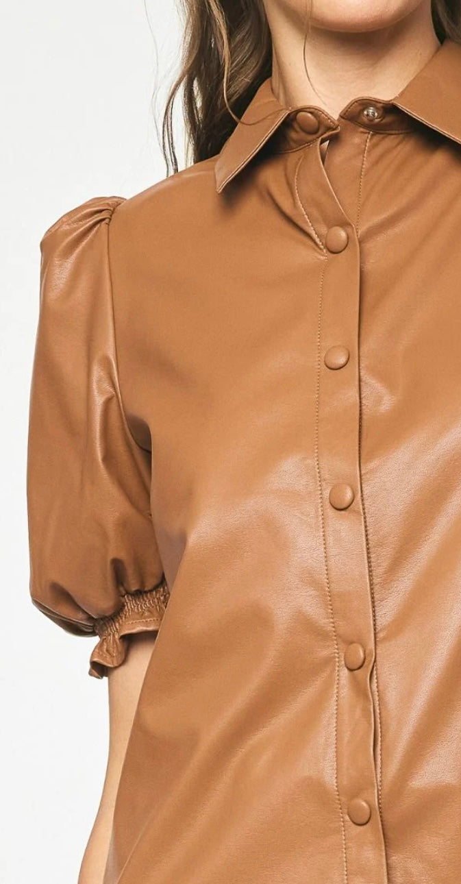 Faux Leather Button Down Top in Camel